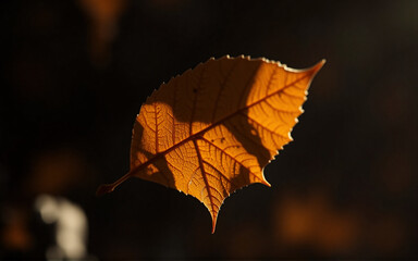 Poster - A vibrant orange leaf, showcasing intricate veins, is beautifully isolated against a soft, dark background, highlighting its delicate texture and form.