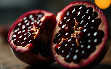 Aufkleber - A halved pomegranate fruit displays its juicy red seeds, illuminated by soft lighting, showcasing the texture and vibrant color of this healthy food.