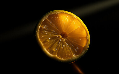 Poster - A bright lemon slice is dramatically lit against a dark background, highlighting its juicy texture and glistening droplets. The citrus fruit's vibrant yellow contrasts sharply with the stark black.