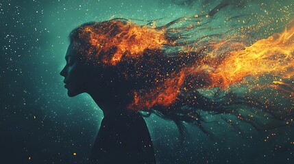 a woman with long hair is surrounded by fire