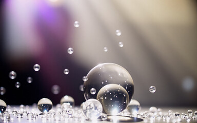 Aufkleber - Transparent spheres of varying sizes are scattered across a surface, reflecting light rays. A soft, blurred backdrop features purple and beige tones.
