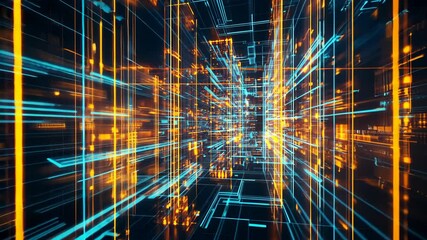 Poster - Abstract digital illustration showcasing vibrant blue and orange lines creating a 3D tunnel effect in a futuristic space