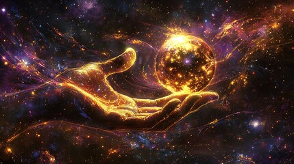 Wall Mural - A hand holding a glowing orb in a space filled with stars