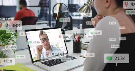Poster - On laptop, person video conferencing with animation of social media notifications