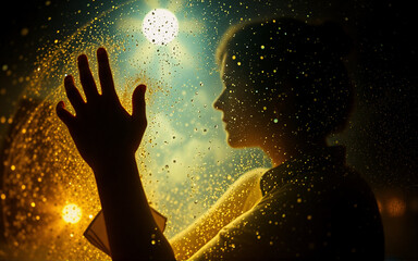 Aufkleber - Silhouette of a person looks through a rain-streaked window at night. Bokeh lights outside create a dreamy, atmospheric, and slightly melancholic mood.