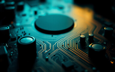 Poster - Detailed view of a circuit board with illuminated pathways and components. Blue and gold light enhances the technological design.