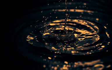 Leinwandbilder - Water droplet creates ripples and splashes as it falls into dark liquid. Dramatic lighting highlights the dynamic motion against a shadowy background.