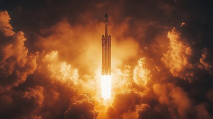 Poster - Rocket launches into the sky, surrounded by billowing clouds of smoke and flames, showcasing advanced propulsion technology and aerodynamics.