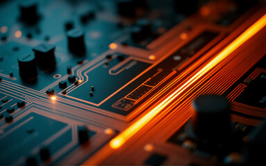 Aufkleber - Close-up view of a circuit board with illuminated orange lines highlighting intricate electronic pathways and components in a dark setting.