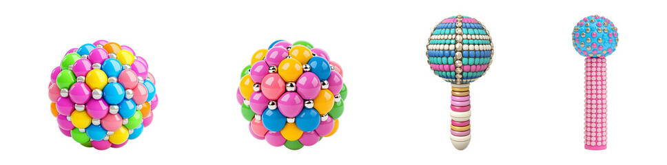 Decorative sphere and rattle set, colorful beads and silver accents, playful design, home decor, set of four transparent background