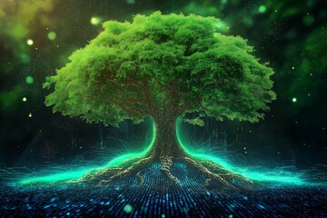 Fototapete - Futuristic glowing tree with digital roots and binary matrix falling like rain, symbolizing nature-technology fusion and digital connectivity, Generative AI