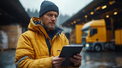Poster - A logistics worker wearing a yellow jacket and gray beanie checks inventory using a tablet outside a large distribution warehouse on a rainy day, surrounded by freight trucks and pallets.