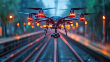 Poster - A drone equipped with a camera hovers above railway tracks, capturing live footage for monitoring and inspection.