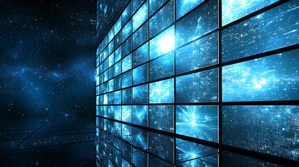 Wall Mural - a blue wall with many windows and a bright light shining through them