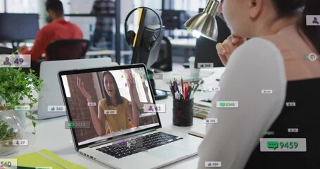 Poster - Using laptop for video conferencing, person with animation of social media icons