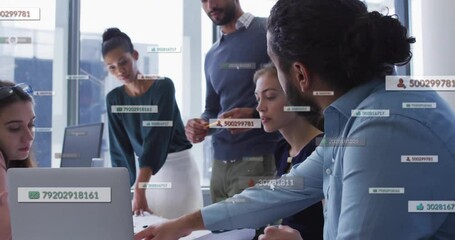 Poster - Diverse team collaborating at office with data processing animation overlay