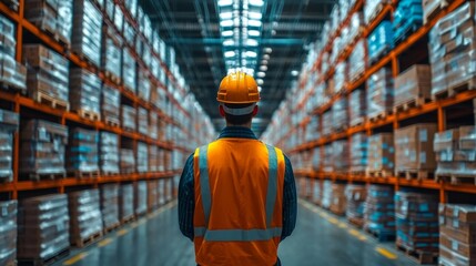 Poster - A worker in a safety vest and helmet stands in a spacious warehouse, observing neatly arranged pallets of cargo, ensuring proper inventory management.