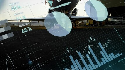 Poster - Airplane on tarmac with financial data and world map overlay animation