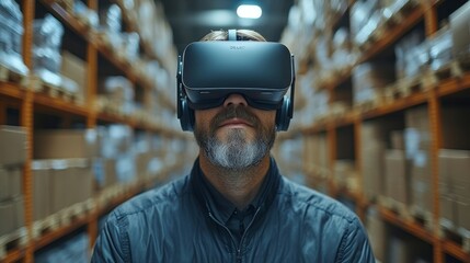 Poster - A man wearing virtual reality gear in a large warehouse focused on improving logistics and inventory management. Boxes are neatly stacked on shelves, showcasing an organized space.