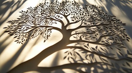 Poster - A delicate papercut design of a tree with intricate details, casting soft shadows on a surface.