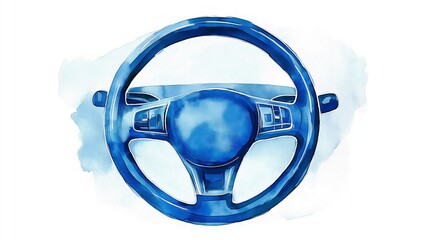 Aufkleber - Watercolor blue steering wheel illustration viewed from top down, symbolizing driving concept, mobility, transportation and vehicle control in modern style, Generative AI