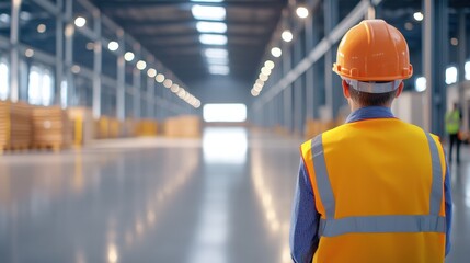 A construction worker in safety gear observes a spacious warehouse with bright lighting and organized stacks in the background.