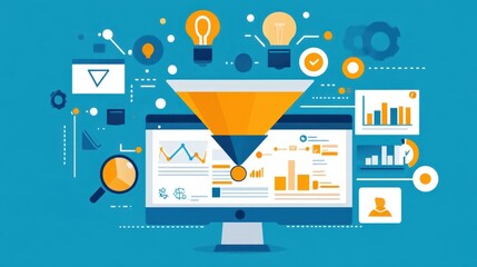 Poster - detailed digital marketing strategy board with SEO, paid ads, and conversion funnel illustrations.