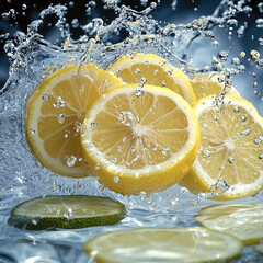Poster - Fresh lemon and lime slices create vibrant splash in water, showcasing their juicy texture and bright colors. This refreshing scene evokes sense of vitality and zest