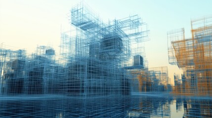Poster - digital abstract construction landscape with wireframe structures materializing into solid buildings.