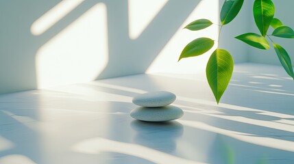 Poster - Serene Scene with Stones and Green Leaves in Minimalist Decor