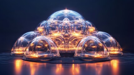 Poster - digital futuristic abstract structure with interlocking transparent domes and glowing energy lines