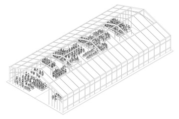 Poster - A drawing of a greenhouse with many plants inside. The drawing is in black and white. The greenhouse is very large and has many plants inside