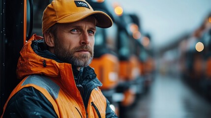 Poster - A logistics professional stands confidently next to a fleet of trucks at a distribution center, monitoring operations under gray skies while rain dampens the environment.
