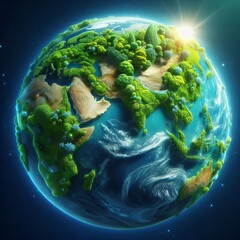 a lush green planet earth with vibrant vegetation and clear blue oceans symbolizing earth day