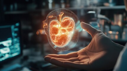 Poster - A doctor holding a glowing 3D model of a human organ, using augmented reality for diagnosis