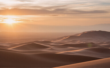 Poster - Golden hour bathes the serene desert landscape in warm hues. Sand dunes undulate across the terrain, creating shadows and highlights as the sun sets, casting a tranquil atmosphere.
