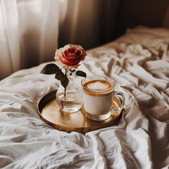 Poster - cozy and inviting scene featuring cup of coffee with latte art and single rose in vase, set on golden tray atop soft, white bedspread. warm lighting enhances tranquil atmosphere