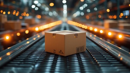 Poster - A package rests prominently on a conveyor belt within a well lit logistics hub. Staff are sorting items, ensuring smooth distribution during peak operational hours.