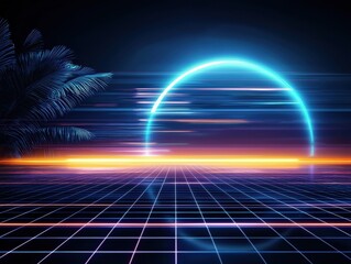 Poster - Retro Neon Landscape: Glowing horizon with a palm tree, geometric grid, and illuminated neon circle.