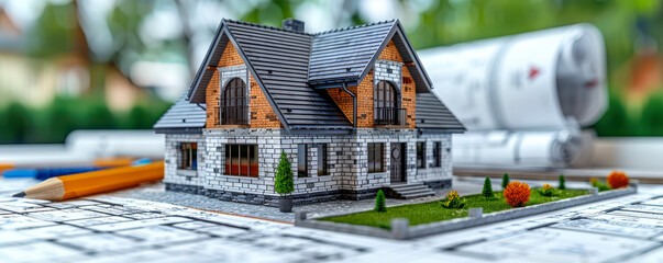 Poster - architectural model of modern brick house on construction blueprints with drafting tools in backgrou