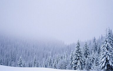 Poster - Snowy winter landscape featuring snow-covered evergreen trees. A misty atmosphere creates a serene and peaceful scene in the forest.
