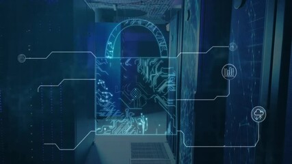 Poster - Digital security lock animation over data center with circuit patterns and icons