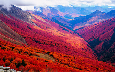 Aufkleber - A vivid valley in autumn displays vibrant red and orange foliage covering mountain slopes under a cloudy sky. Blue mountain range visible in the distance.