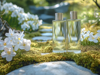 Poster - serene scene featuring two elegant glass bottles of fragrance placed mossy surface, surrounded by delicate white flowers. soft natural light enhances tranquil atmosphere, evoking sense of calm