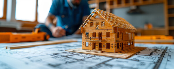 Poster - architectural model house on blueprints with worker drafting plans in background - construction proj