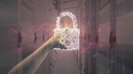 Poster - Reaching hand towards animation of digital lock in futuristic data center