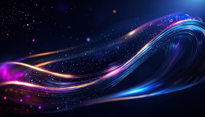 Poster - Abstract glowing light trails of purple, orange, and blue flowing through a dark starlit space.