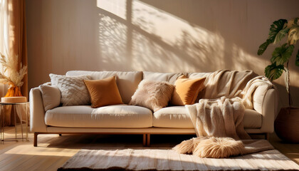 Poster - A cozy living room featuring a stylish sofa adorned with throw pillows and a soft blanket, illuminated by warm sunlight