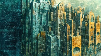 Poster - A dramatic abstract cityscape with buildings formed from intricate fractal-like patterns