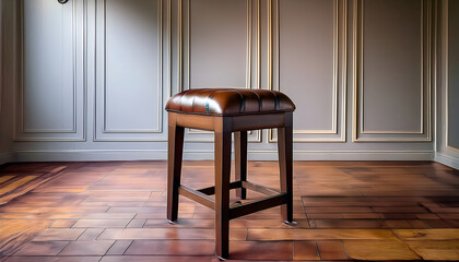 Poster - A polished wooden stool on a tiled floor against an elegant wall background, showcasing a blend of classic and contemporary design elements